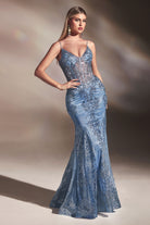 Luxury V-neck Gown with Sheer Corset & Floral Glitter Print-smcdress