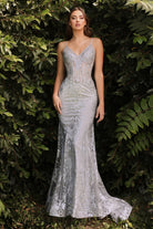 Luxury Gown with a Fitted Floral Glitter Print, Sheer Structured Corset, and V-neck-smcdress
