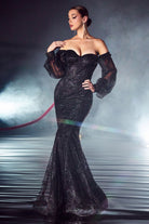 Vintage Mermaid Gown: Long Sleeves, Off Shoulder, Bodice Embellished with Sequin & Flowers-smcdress