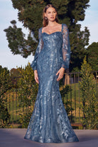 Vintage Mermaid Gown: Long Sleeves, Off Shoulder, Bodice Embellished with Sequin & Flowers-smcdress