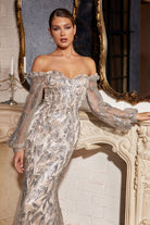 Elegant gown with long sleeves, off-shoulder bodice embellished with sequins and flowers-smcdress