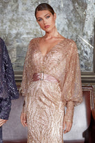 LONG SLEEVE FITTED GLITTER PRINT GOWN-smcdress