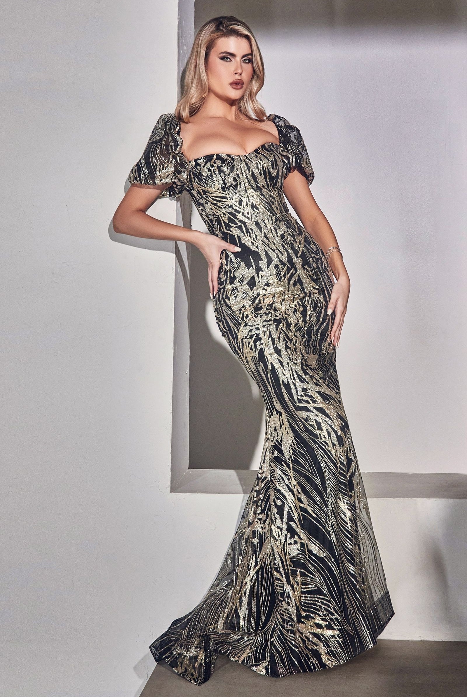 Glitter-printed gown with puff sleeves-smcdress