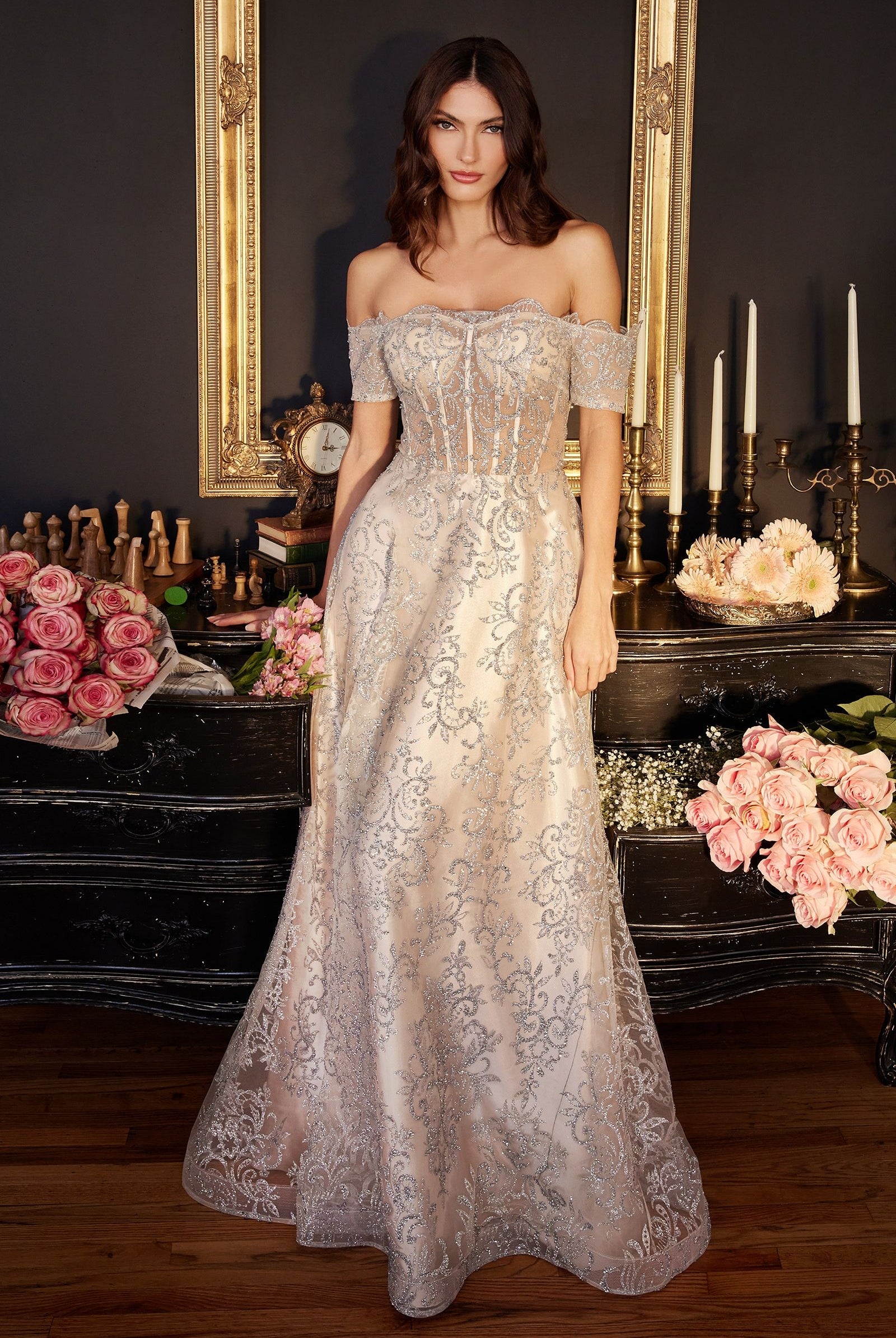 Glitter A-Line Gown, Off-Shoulder-smcdress