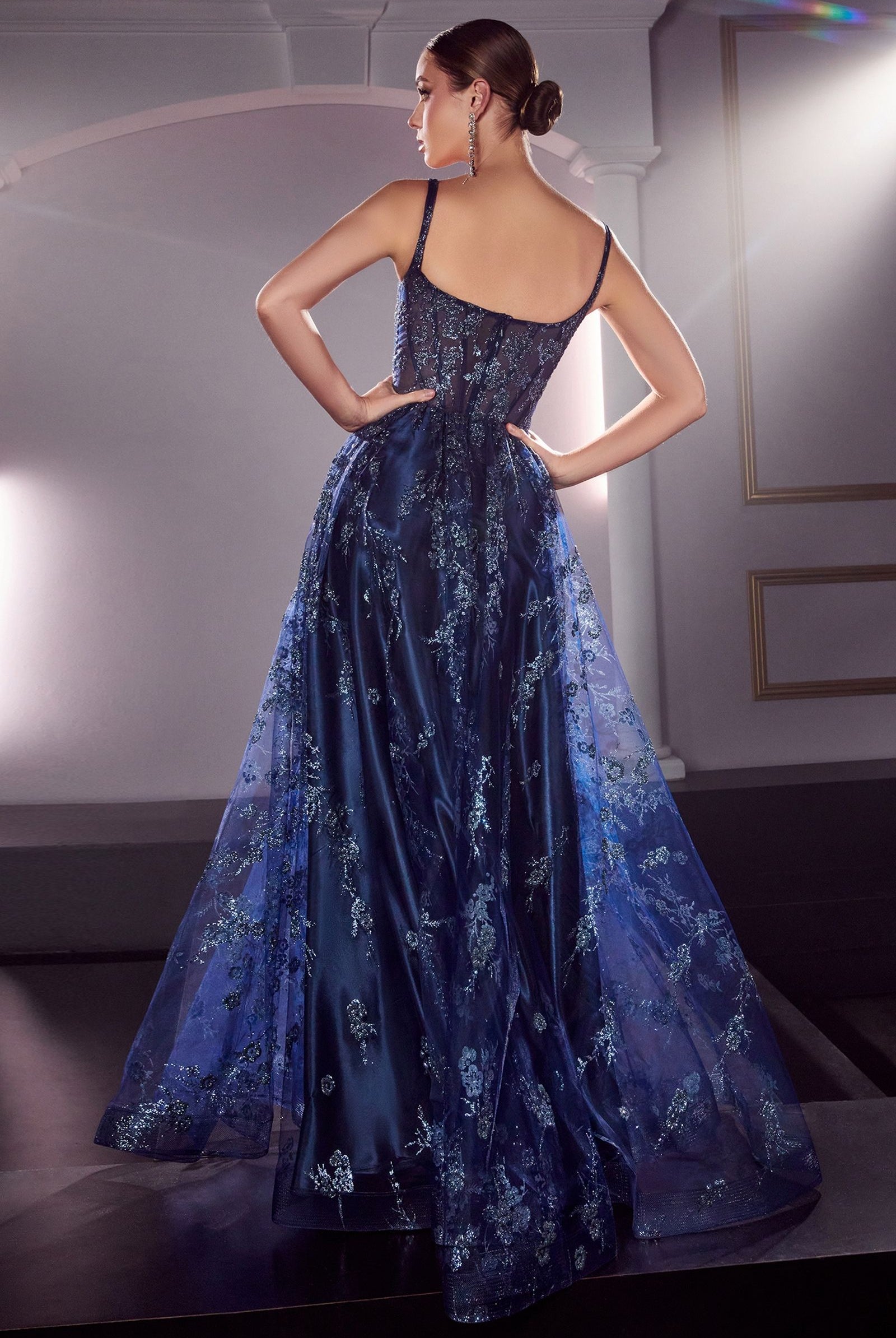 Glitter Print A-Line Dress w/ Sequined Applique, Open Back, & Sequin Ballgown-smcdress
