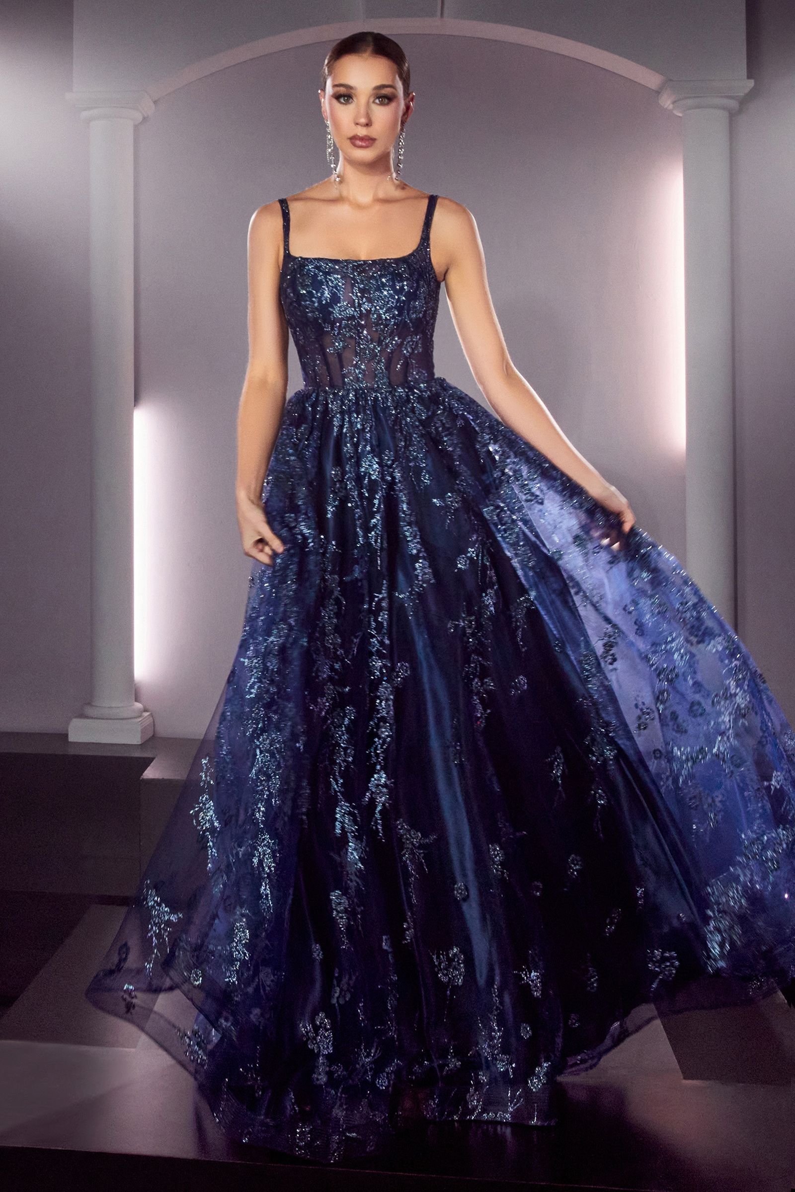 Glitter Print A-Line Dress w/ Sequined Applique, Open Back, & Sequin Ballgown-smcdress