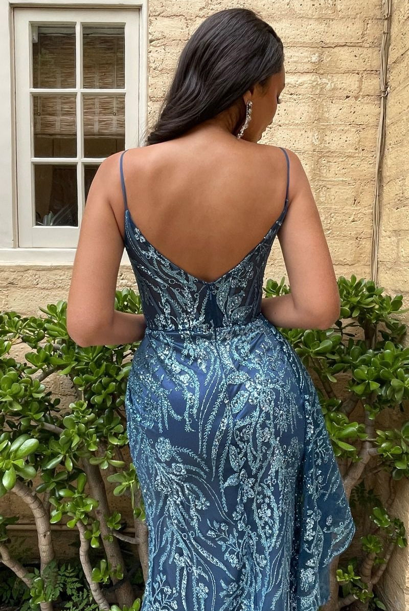A closer look at the back of paris blue fit and flare sequin dress