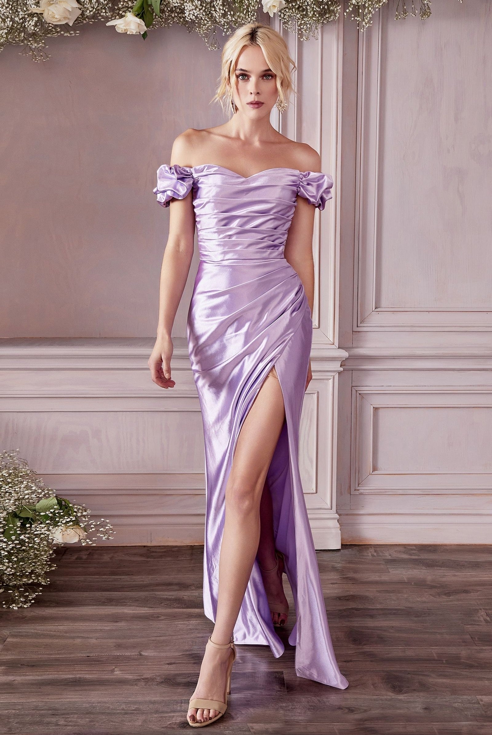 Fitted, gathered satin gown-smcdress