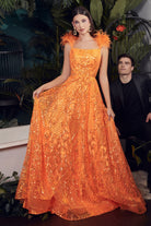 Neon orange ballgown w/ feathers-smcdress