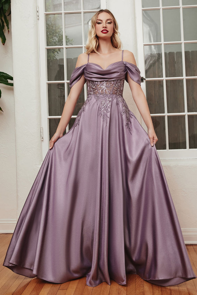 A-Line Gown w/ Off-Shoulder Satin-smcdress
