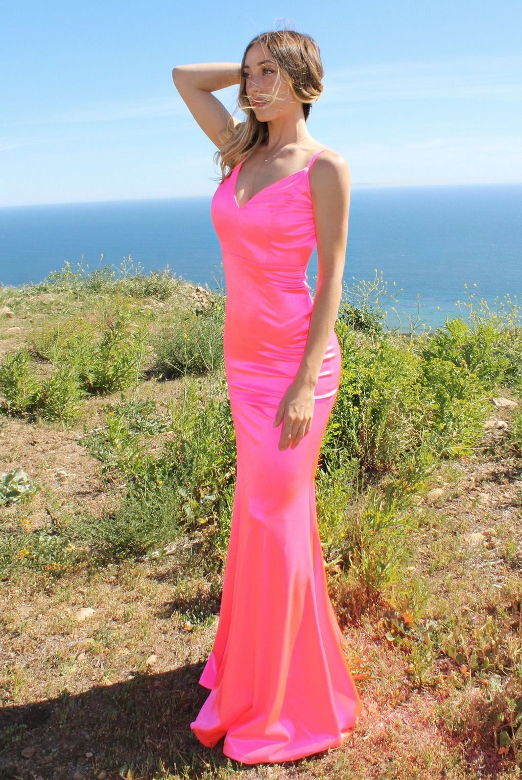 Fitted satin dress in neon-smcdress