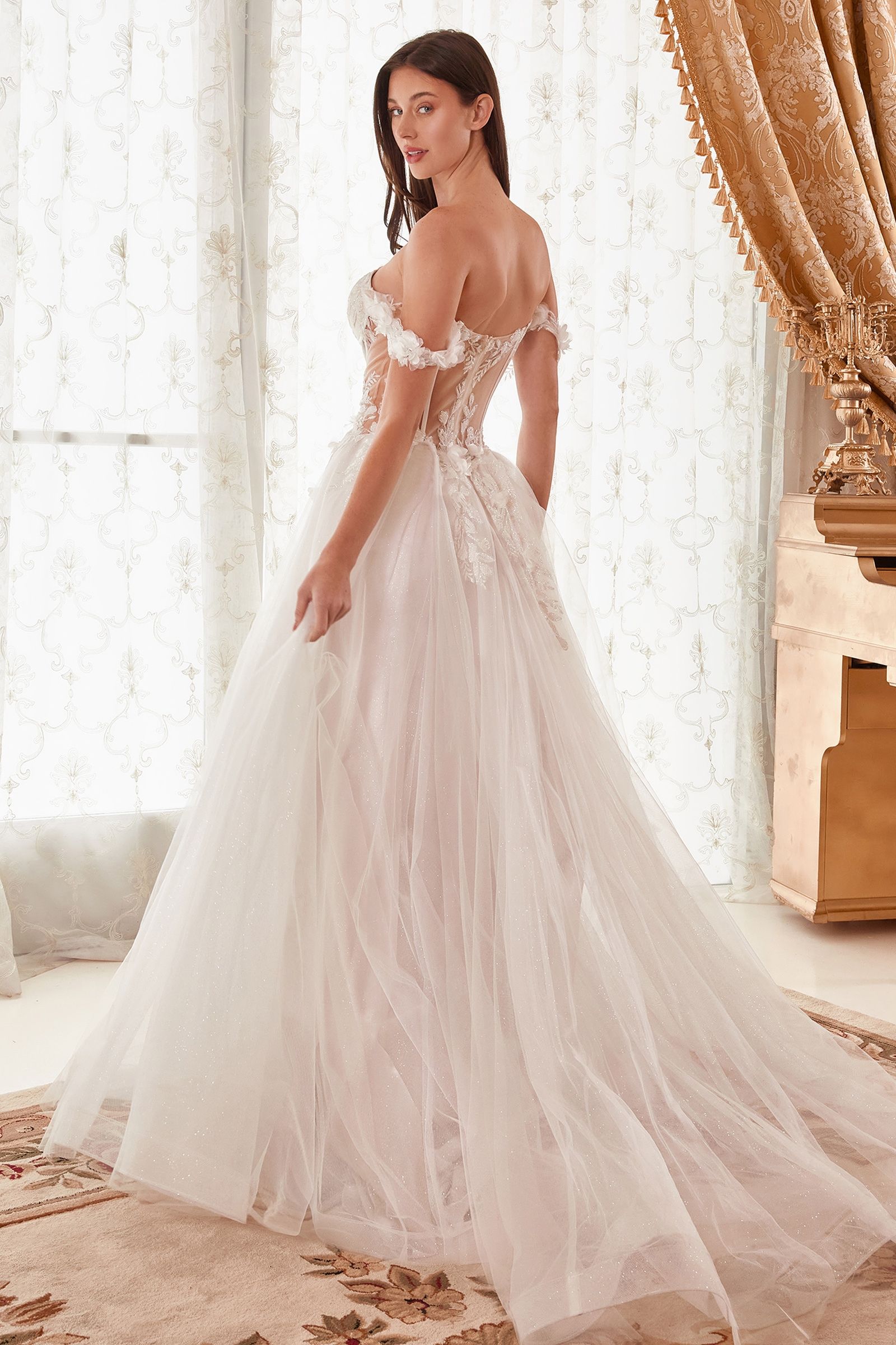 Floral off-shoulder A-line bridal gown-smcdress